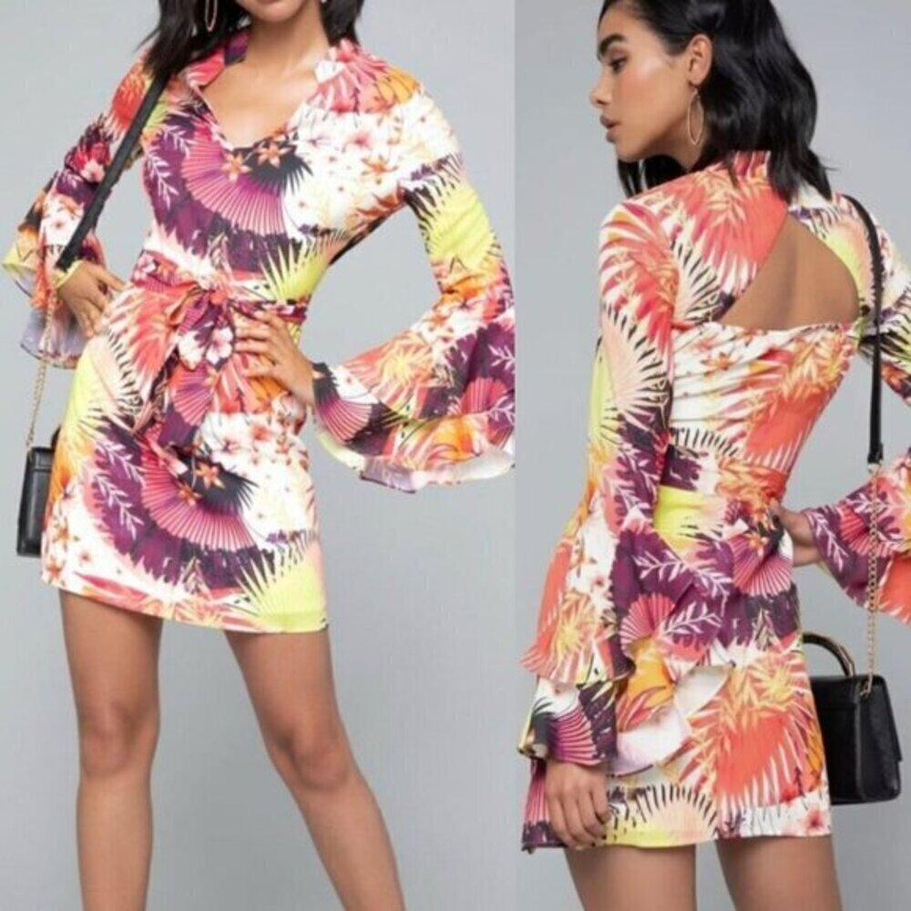 BEBE Long Sleeve Natalie Dress Royal Palm Floral Tropical Bell Sleeve 14 NO BELT